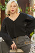 POL Cable Knit Quilting Patch V-Neck Sweater Black Sweaters