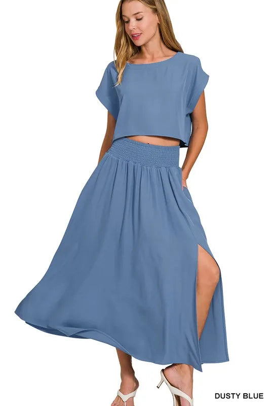 Zenana Woven Crinkle Gauze Crop Tee and Skirt Set Outfit Sets