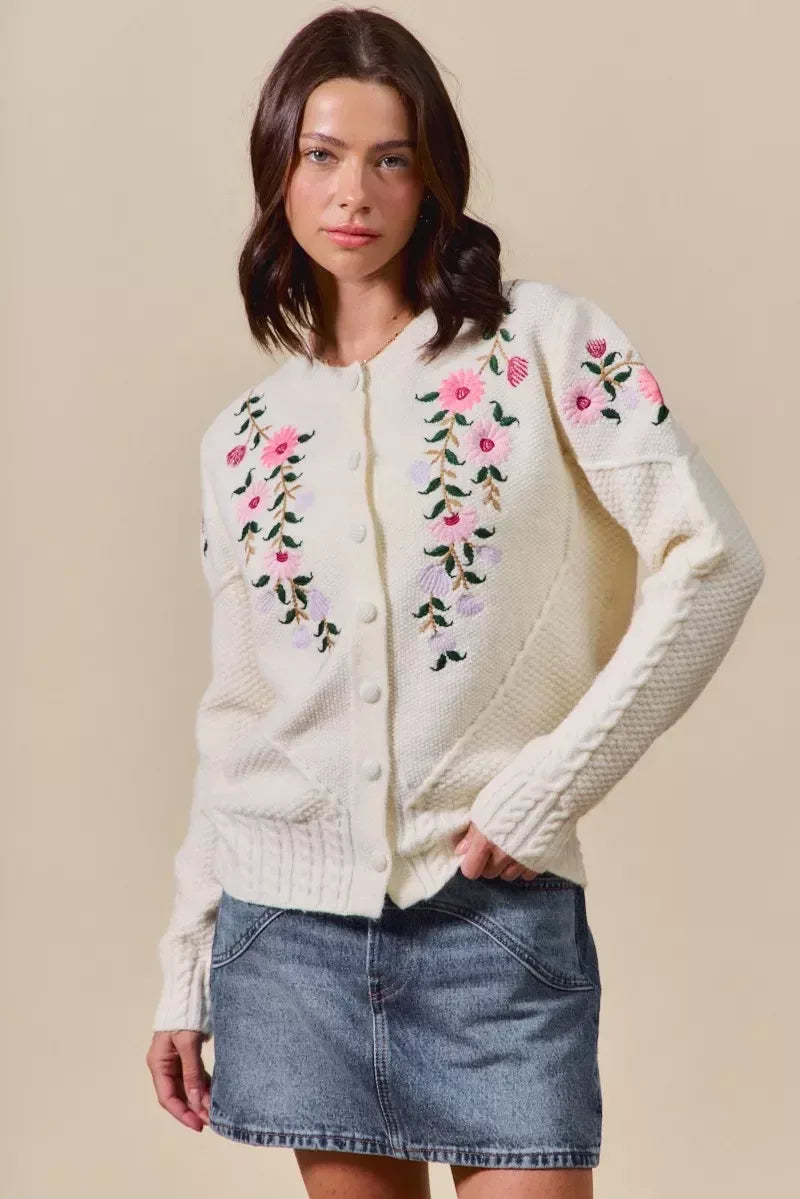 SO ME Floral Embroidered Coquette Sweater Cardigan - DAVERRI FASHIONS
