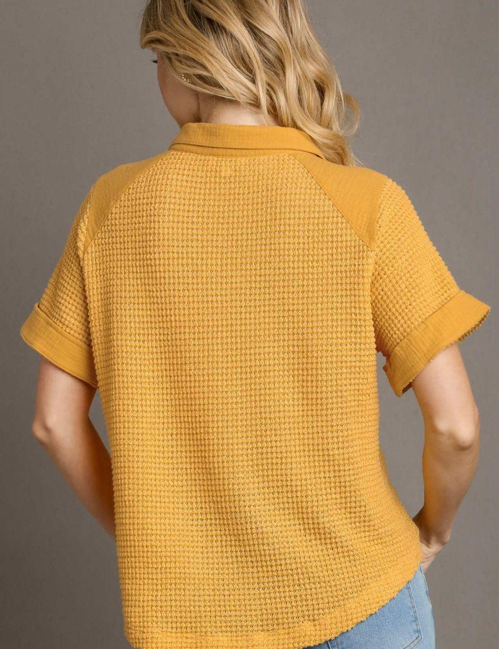 Umgee Full Size Waffle-Knit Short Sleeve Button Down Shirt Plus Size | Daverri Fashions