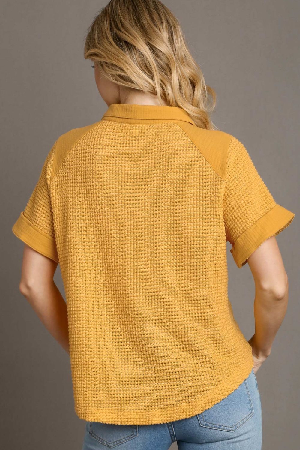 Umgee Full Size Waffle-Knit Short Sleeve Button Down Shirt Plus Size