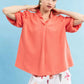 Coral Umgee linen scallop trim V-neck blouse with ruffles and puffed sleeves
