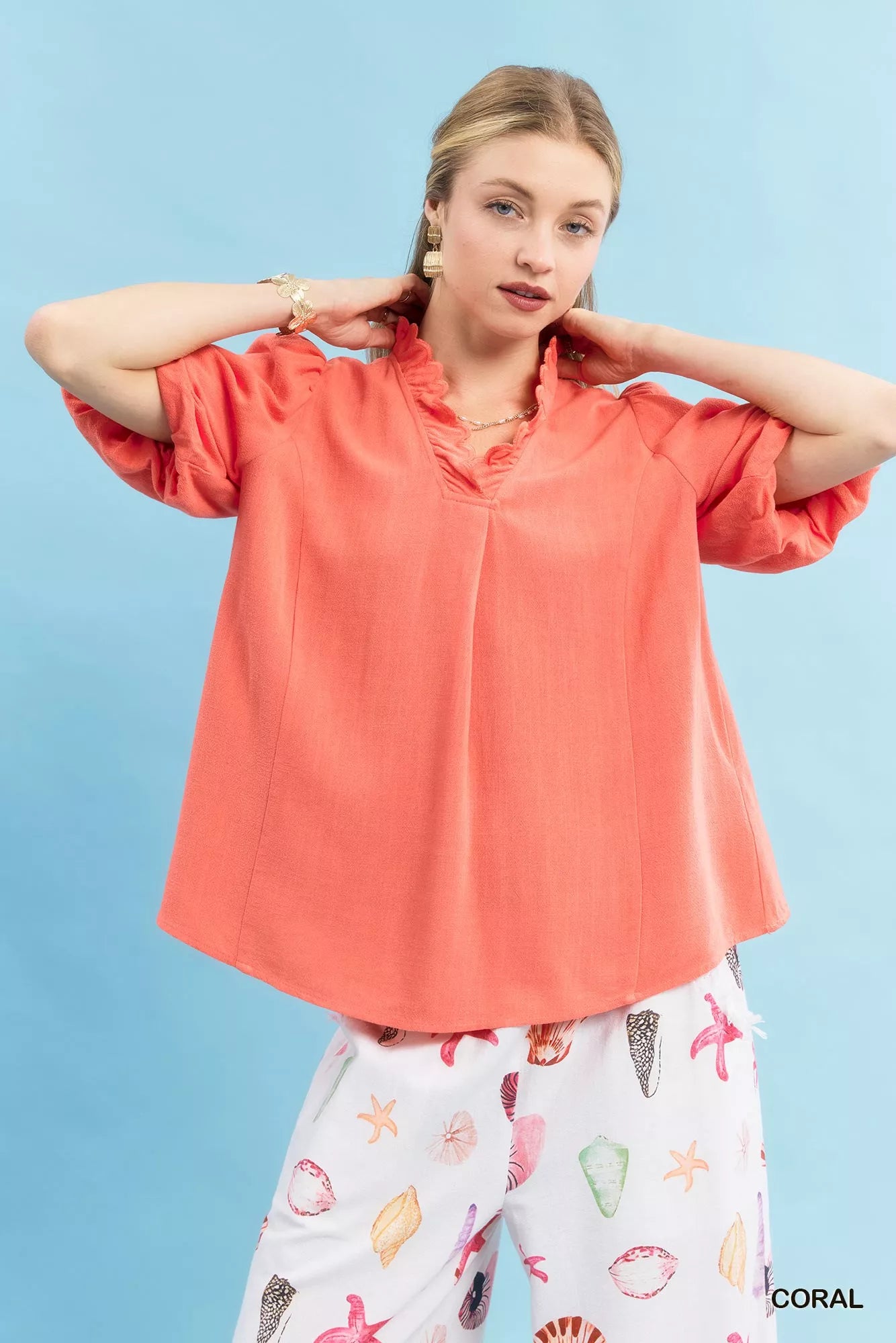 Coral Umgee linen scallop trim V-neck blouse with ruffles and puffed sleeves
