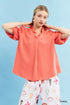 Coral Umgee linen scallop trim V-neck blouse with ruffles and puffed sleeves
