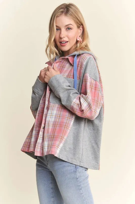 ADORA Button Down Plaid Hoodie Shacket Shackets