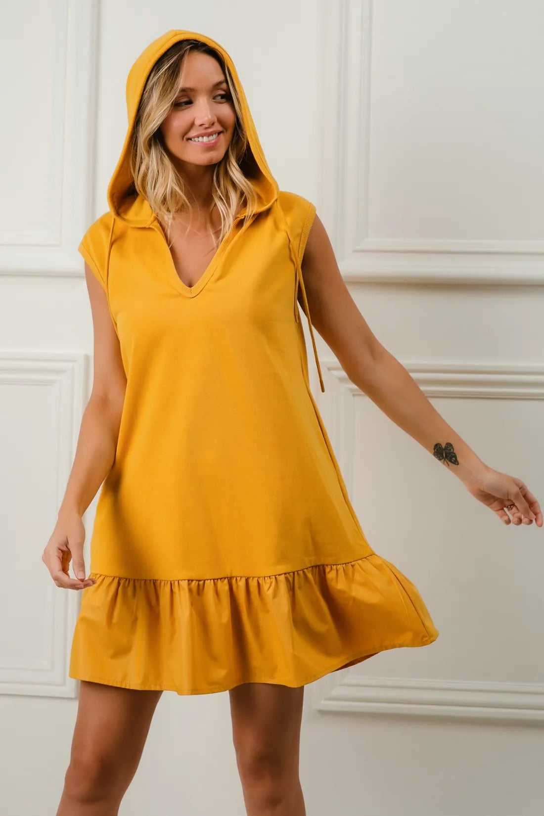 BiBi Ruffled French Terry Hooded Dress in vibrant yellow with ruffled hem
