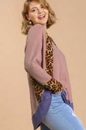 Umgee Leopard High-Low Dolman Sleeve Waffle Knit Top Plus Size | Tops Daverri Fashions