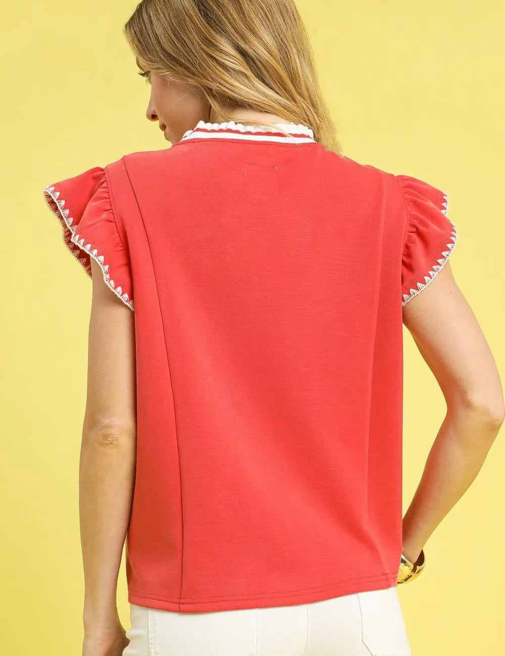 Umgee Contrast Trim Ruffle Cap Sleeve Blouse | Daverri Fashions