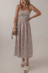 Multicolour bohemian ditsy floral smocked fit flare sundress in off-white with red purple blossoms