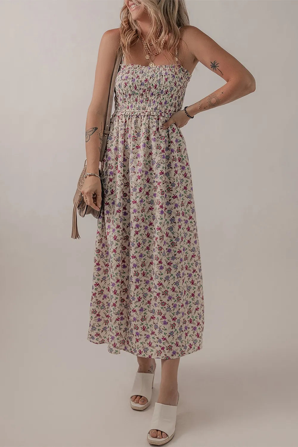Multicolour bohemian ditsy floral smocked fit flare sundress in off-white with red purple blossoms
