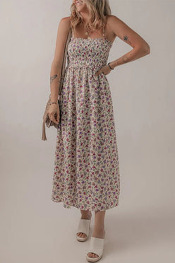 Multicolour bohemian ditsy floral smocked fit flare sundress in off-white with red purple blossoms