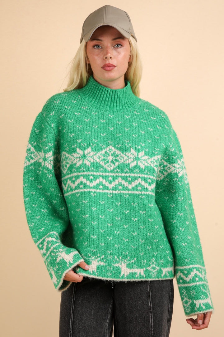 Green Christmas Element Mock Neck Long Sleeve Sweater Green Tops