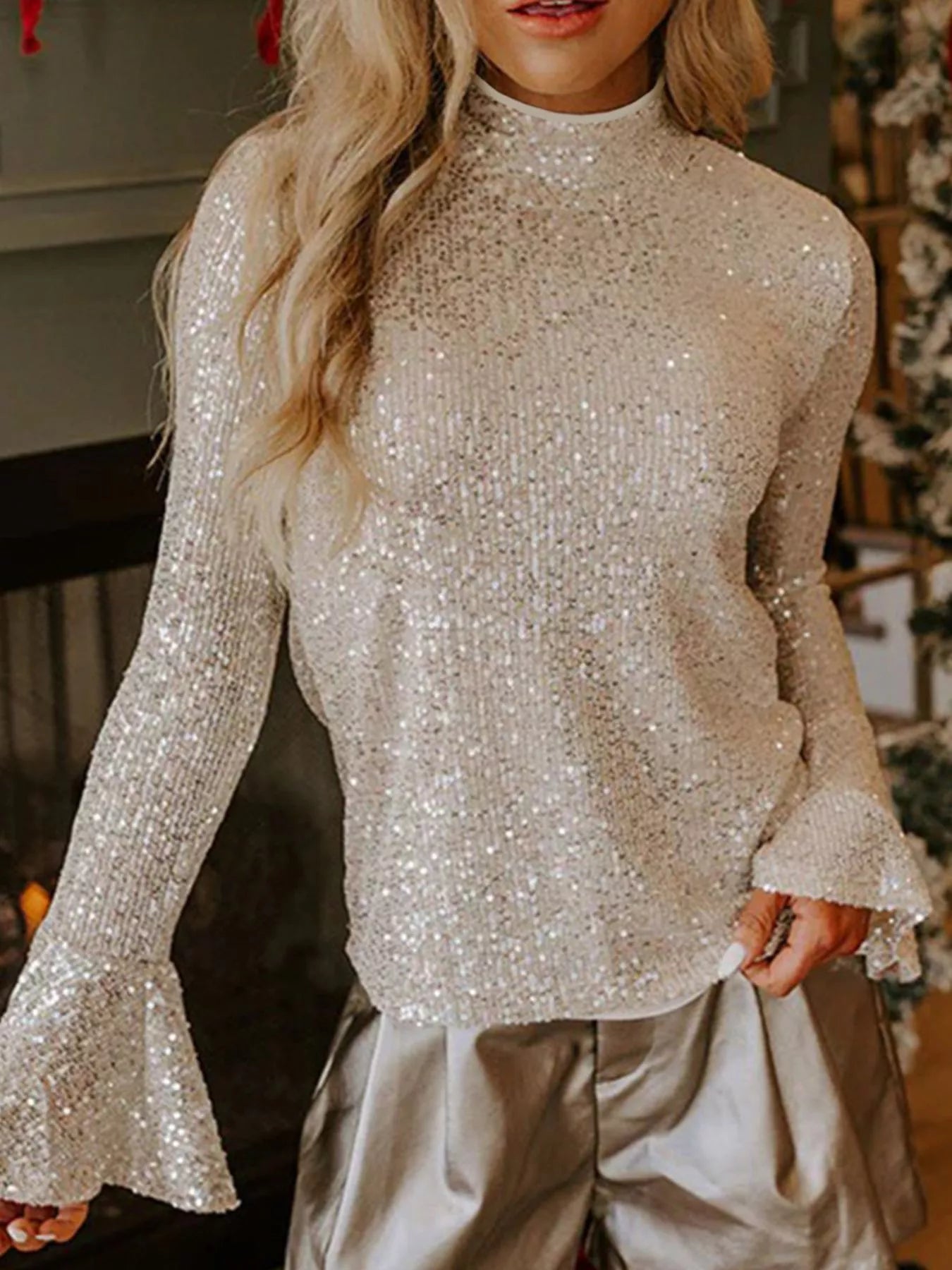 White Sequin Mock Neck Bell Sleeve Top | Blouses Daverri Fashions
