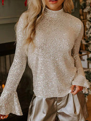 White Sequin Mock Neck Bell Sleeve Top | Blouses Daverri Fashions
