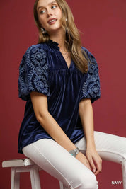 Umgee Velvet Embroidered Sleeve Blouse | Blouses Daverri Fashions