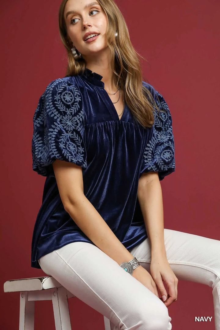 Umgee Velvet Embroidered Sleeve Blouse | Blouses Daverri Fashions