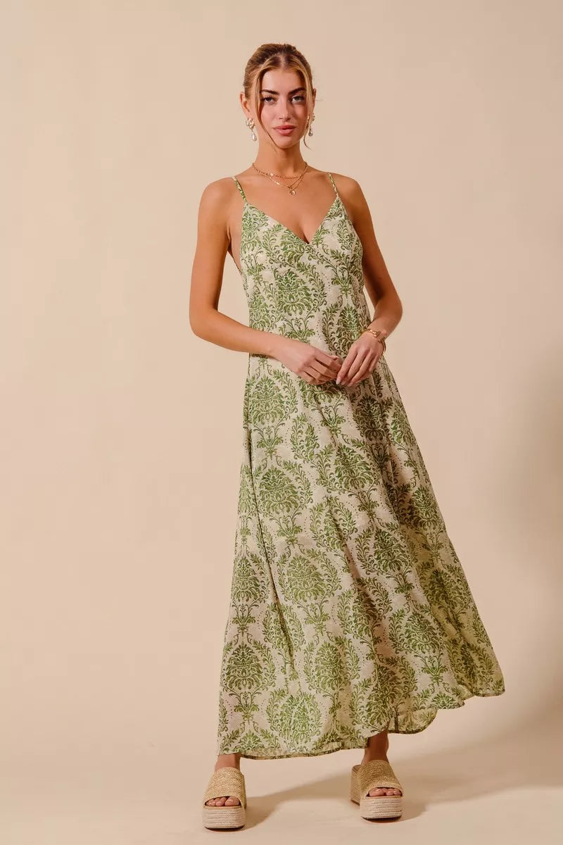 SO ME sage green cream damask maxi dress open back view