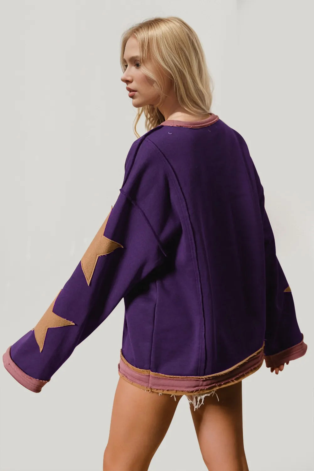 Double Take Star Patched Long Sleeve Sweatshirt Sweatshirts