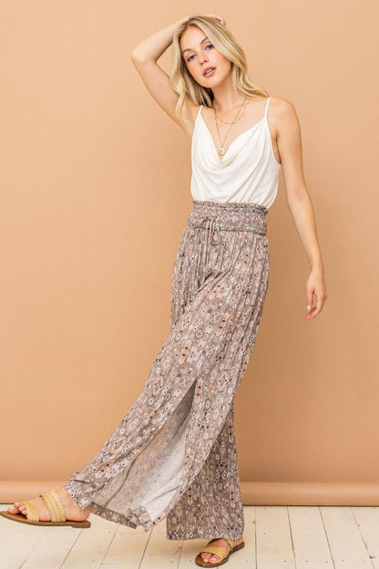 And The Why Printed Smocked Waist Slit Wide Leg Pants - DAVERRI FASHIONS