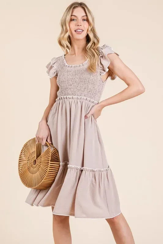 Lime 'N' Chili Ruffle Trim Smocked Dress with Contrast - DAVERRI FASHIONS