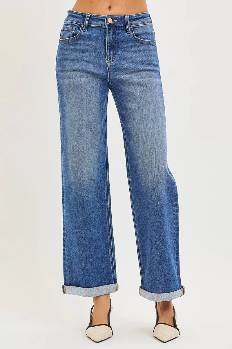 High-waisted blue wide-leg RISEN relaxed fit cuff jeans plus size