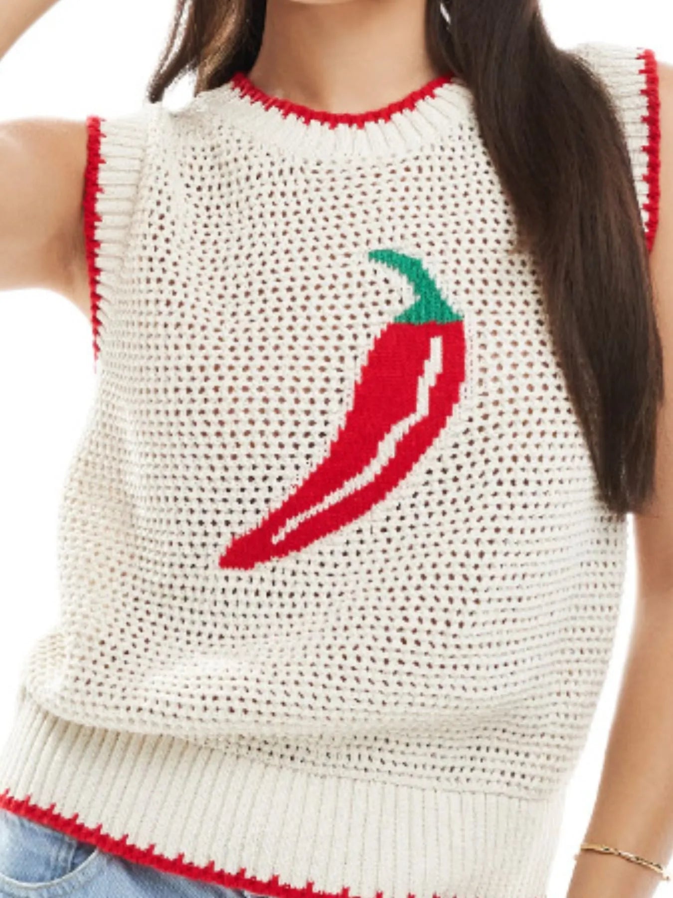 Beige Chili Pepper Crochet Knit Tank Top | Knit Tops Daverri Fashions