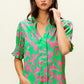 BiBi Smocked Cuff Floral Contrast Top Jade Fuchsia Tops