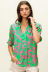 BiBi Smocked Cuff Floral Contrast Top Jade Fuchsia Tops