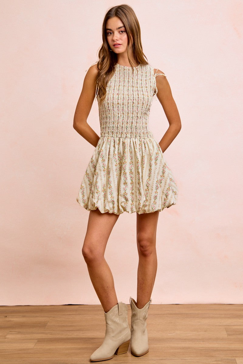 Cream sleeveless BiBi floral bow tie mini dress with gold embroidery hem