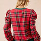 BiBi Christmas Plaid Exaggerated Shoulder Sleeves Top - DAVERRI FASHIONS