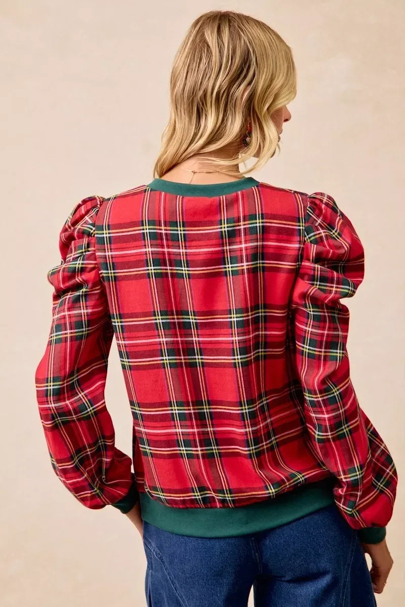 BiBi Christmas Plaid Exaggerated Shoulder Sleeves Top - DAVERRI FASHIONS