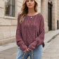 Mauve round neck dropped shoulder long sleeve cable-knit sweater