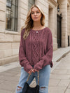 Mauve round neck dropped shoulder long sleeve cable-knit sweater