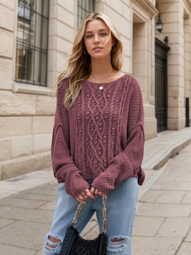 Mauve round neck dropped shoulder long sleeve cable-knit sweater