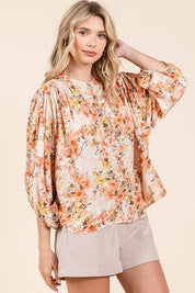 Mittoshop Flower Print Batwing Sleeve Button Down Blouse