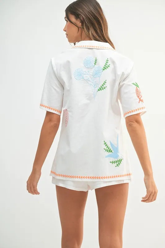 MABLE Embroidered Button Down Shirt and Shorts Set Outfit Sets