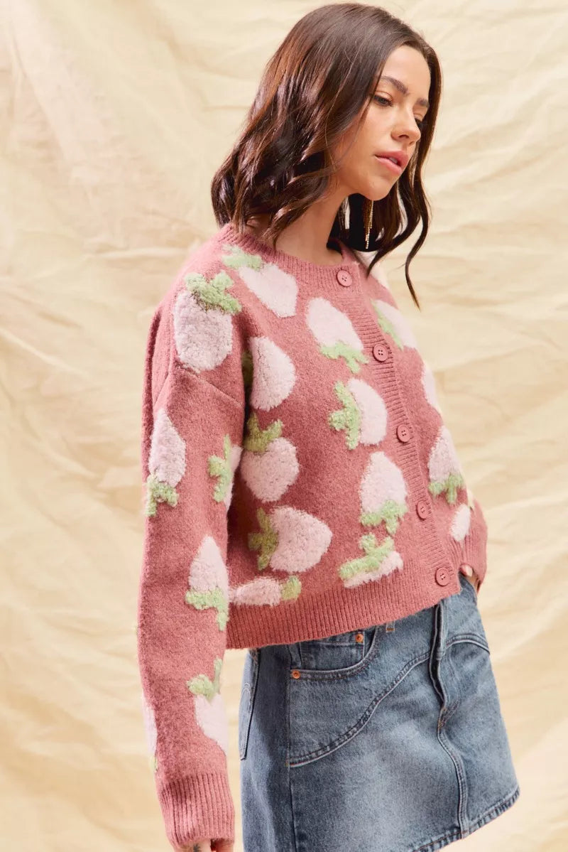 SO ME Strawberry Fruit All Over Button Sweater Cardigan | Cardigans Daverri Fashions