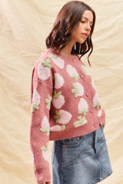 SO ME Strawberry Fruit All Over Button Sweater Cardigan | Cardigans Daverri Fashions