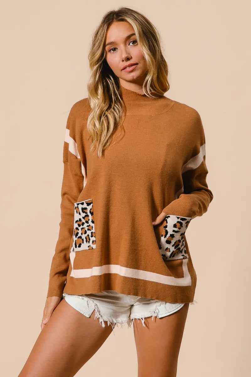 BiBi Mock Neck Sweater with Leopard Pocket Sweaters