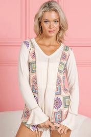 BiBi Granny Square Print Contrast Annie Rib V Neck Top | Tops Daverri Fashions