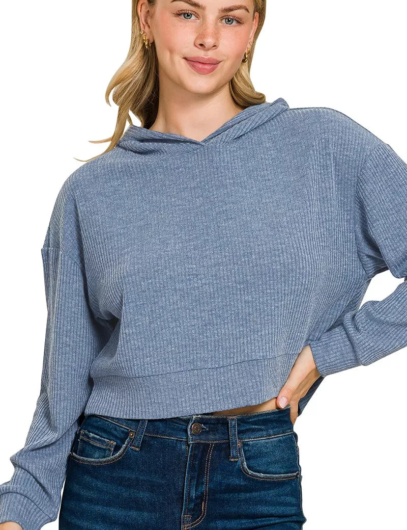 DUSTY BLUE Drop Shoulder Ribbed Crop Hoodie Dusty Blue | Hoodies Daverri Fashions