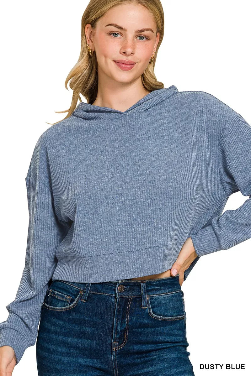 DUSTY BLUE Drop Shoulder Ribbed Crop Hoodie Dusty Blue | Hoodies Daverri Fashions
