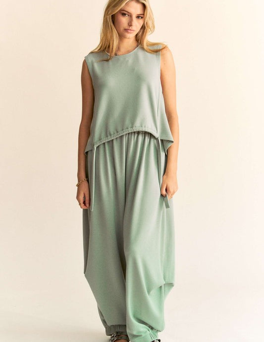 Davi & Dani Drawstring Hem Round Neck Tank and Pants Set Light Green