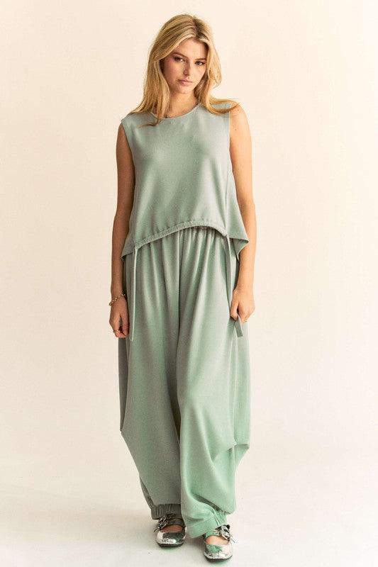 Light Green Drawstring Hem Round Neck Tank and Pants Set Light Green L Outfit Sets