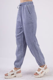 VERY J Washed Woven Crinkle Gauze Drawstring Cargo Pants