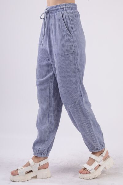 VERY J Washed Woven Crinkle Gauze Drawstring Cargo Pants