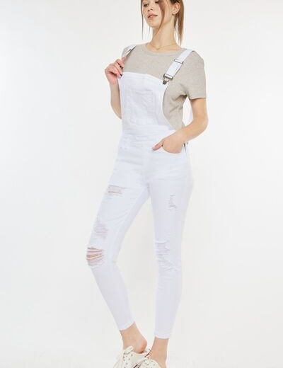 Kancan Distressed Skinny Denim Overalls White Overalls