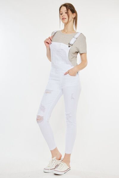 Kancan Distressed Skinny Denim Overalls White Overalls