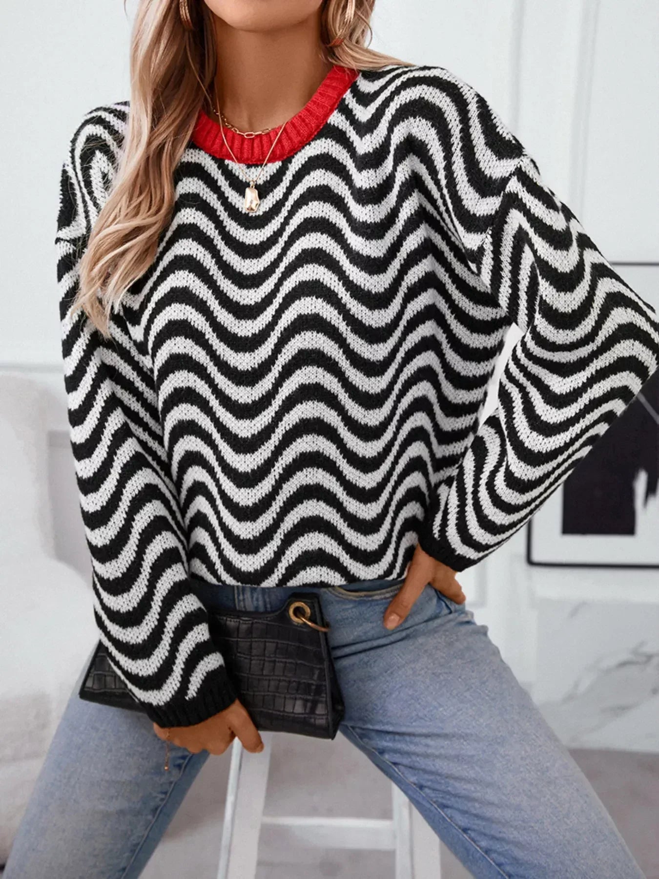 Wavy Striped Round Neck Sweater - DAVERRI FASHIONS