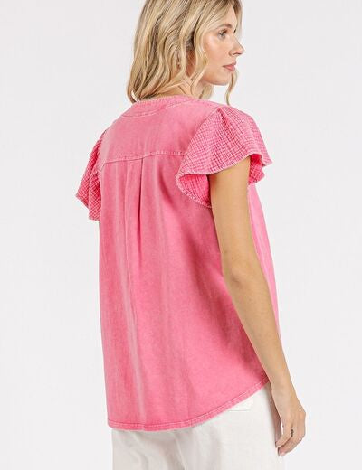 Mittoshop Mix Media Ruffle Short Sleeve Mineral Wash Top Tops